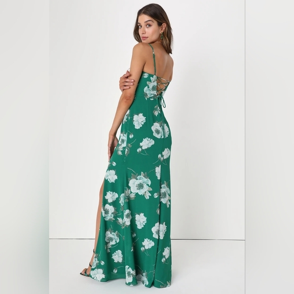 Lulus Feeling Elegant Green Floral Print Lace-Up Slit Maxi Dress S Wedding Party - Picture 5 of 11